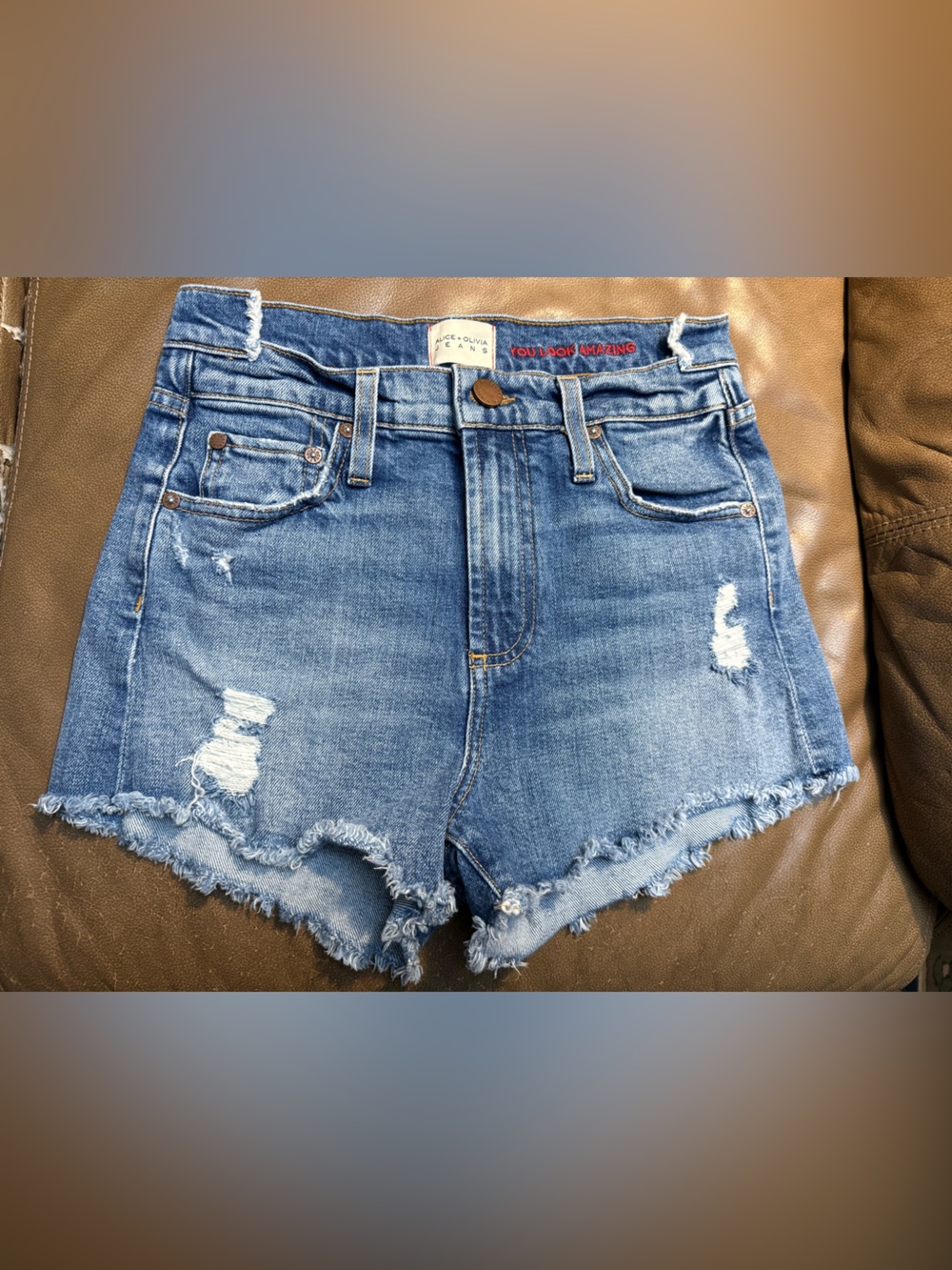Alice + Olivia Distressed Medium Blue High-Rise Denim Shorts